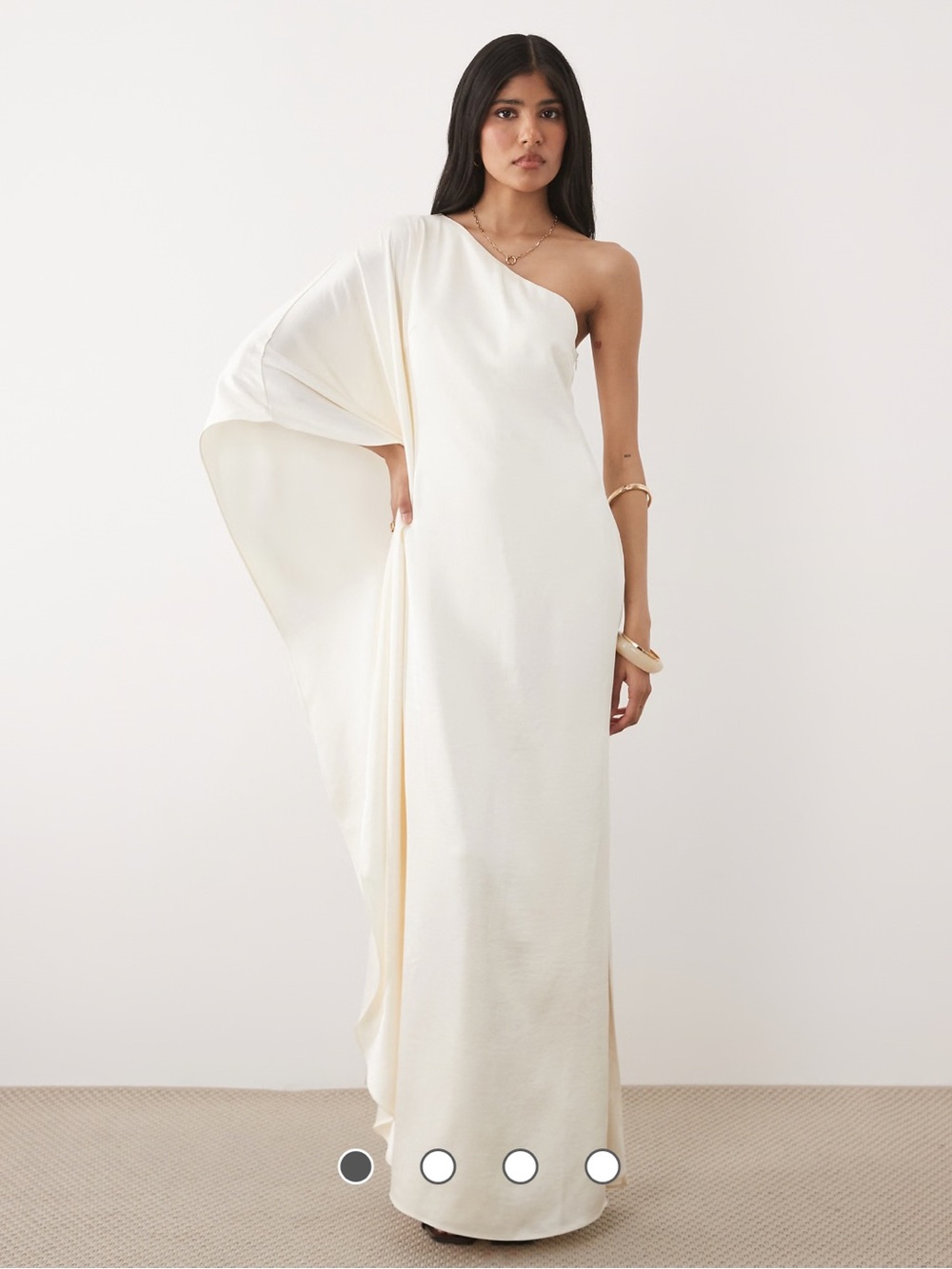 ASOS Six Stories One-Shoulder Draped Bias Cut Satin Maxi Dress in White. Caftan.